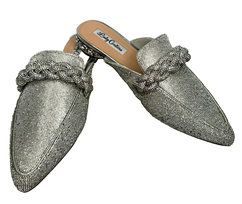 Lady Couture Monaco Mule Womens 9 Silver Rhinestone Jeweled Slip On 1.5" Heel